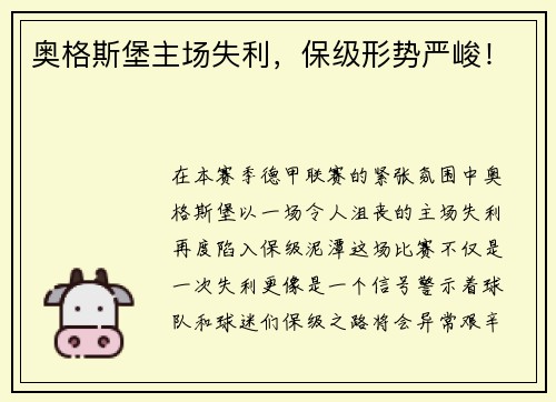 奥格斯堡主场失利，保级形势严峻！